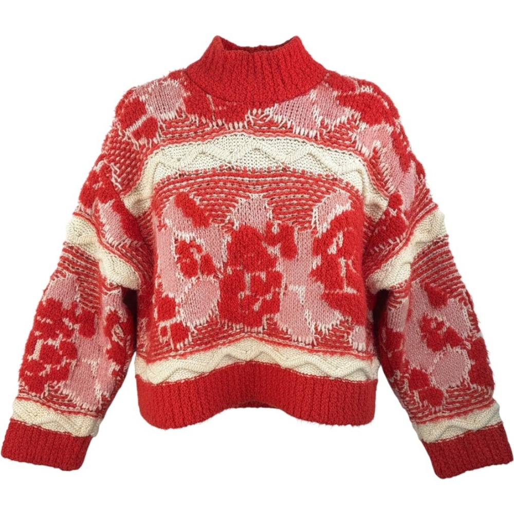 Zara Floral Knit Sweater S Red Pink Chunky Jacquard pullover blogger fav